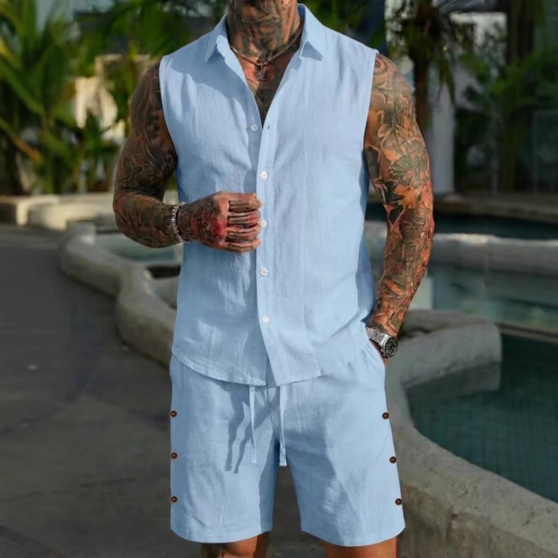 Short Linen Drawstring - Erkek 2 Parça Keten Dokulu Kolsuz