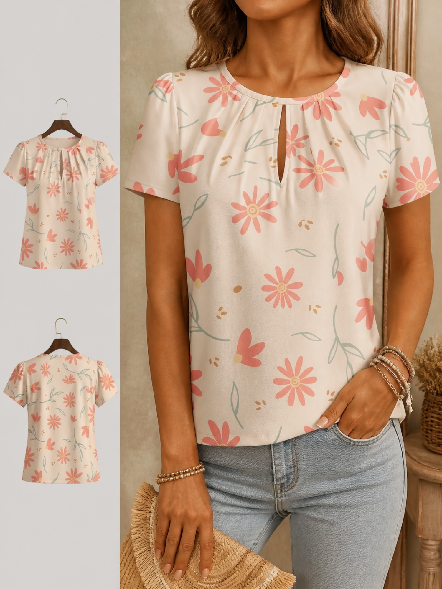 Resort Shirt Floral - 2026 Yeni Kadın Yuvarlak Yaka Zarif