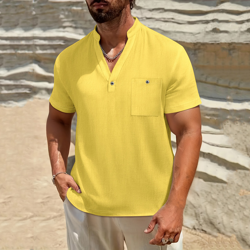 Linen Shirt Breathable - Erkek Pamuklu Keten Henley Gömlek Kısa