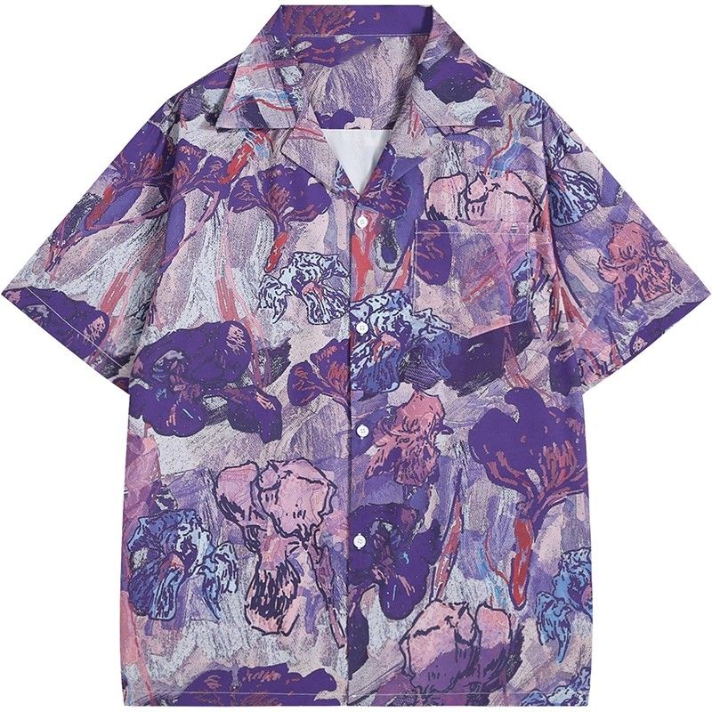 Resort Shirt Floral - Vintage Mor Yağlıboya Iris Çiçek Soyut