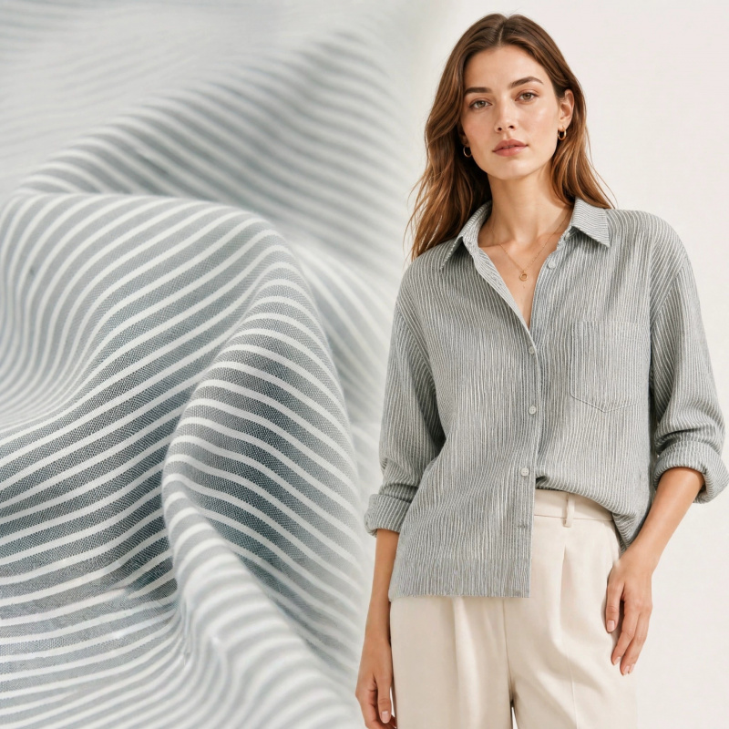 Linen Shirt Breathable - Japon tarzı gri-beyaz ince çizgili nefes