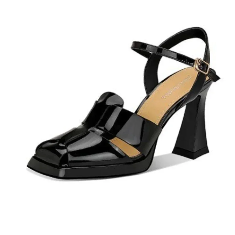 Casual Sandal Leather - Kadın Yüksek Topuklu Sandalet Moda Rugan