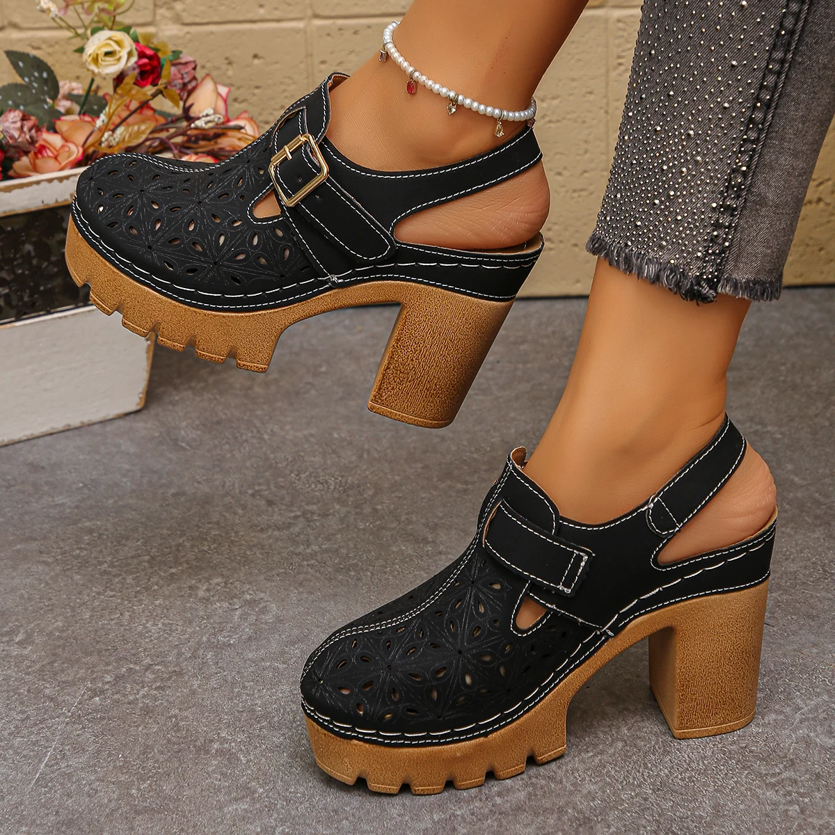 Casual Sandal Leather - Büyük Boy Kadın Kalın Topuklu Sandalet
