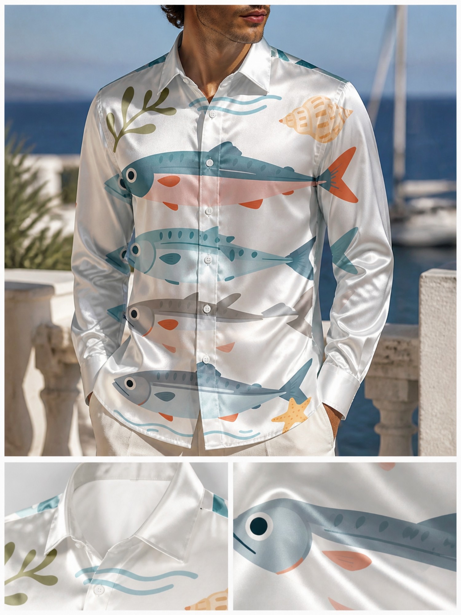 Resort Shirt Floral - Erkek Lüks Saten Uzun Kollu Yaka