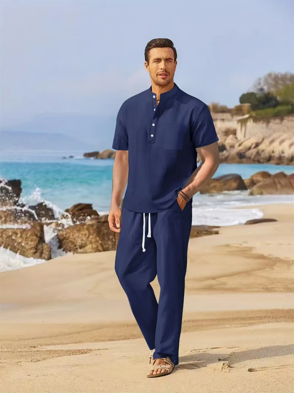 Yaz erkek pamuk ve keten set r - Short Linen Drawstring incelemesi ve fiyatı