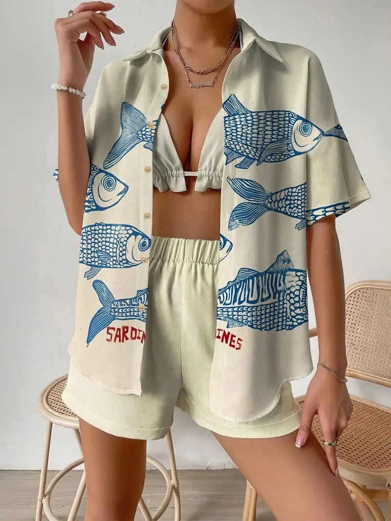 Moda Baskı Plaj Tatil 2 Parça  - Shirt Camp Collar incelemesi ve fiyatı